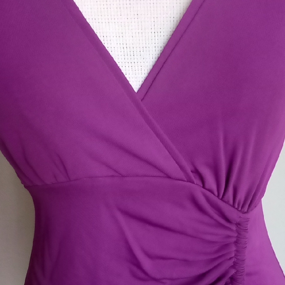 Nanette Lepore Ruched Faux Wrap Magenta Midi Dress V-Neck Stretch Jersey Size 2 - Picture 3 of 8